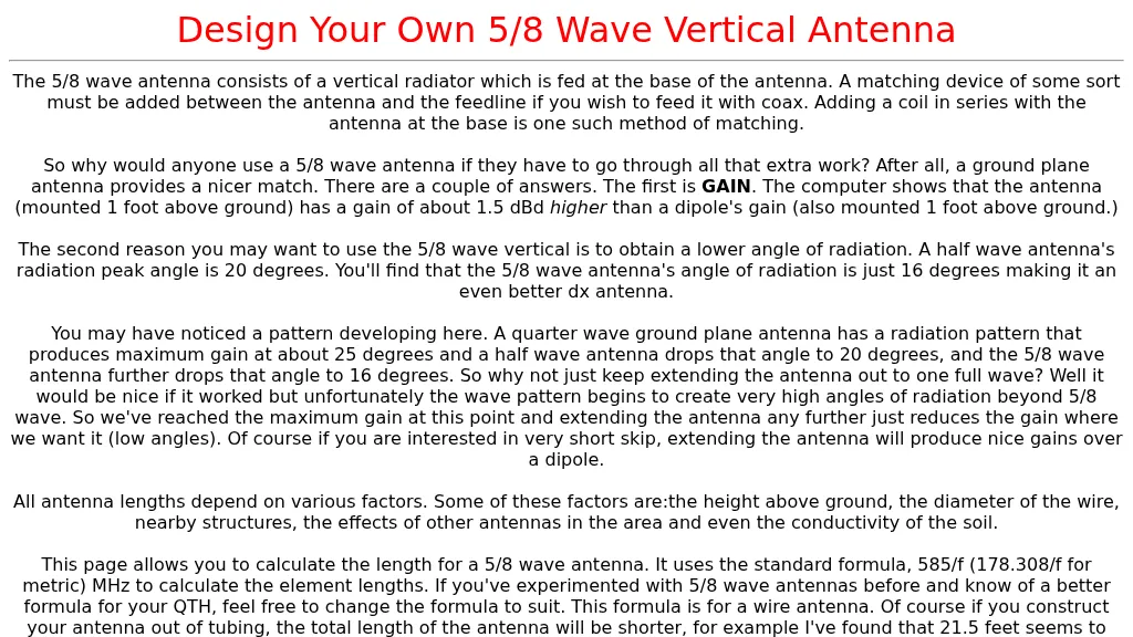 5/8 Wave Vertical Antenna Calculator