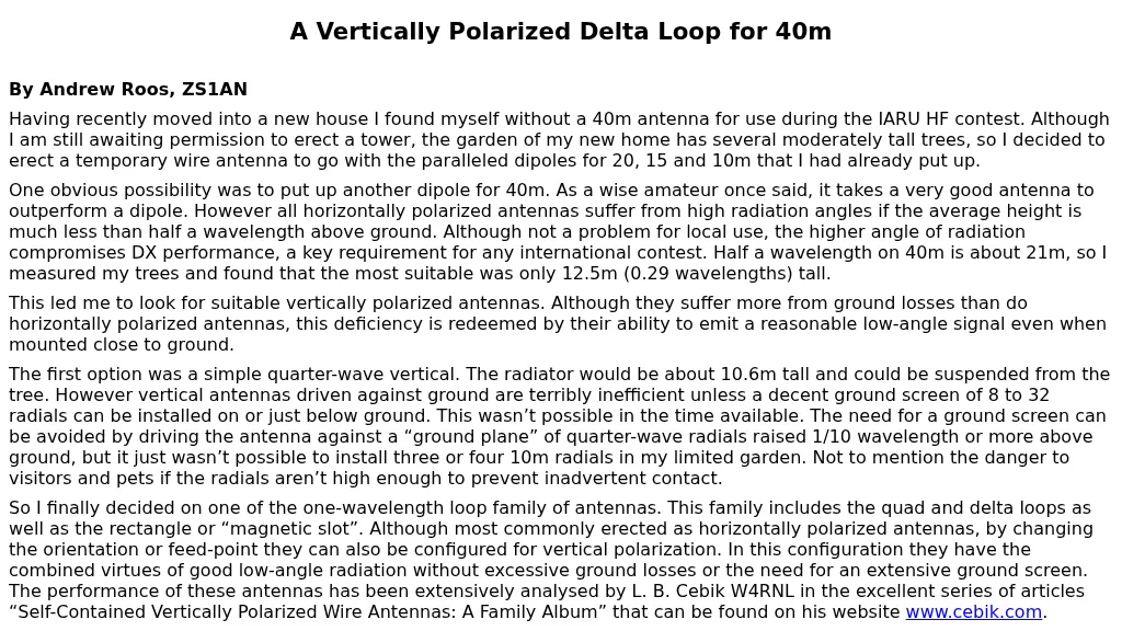 A Vertically Polarized Delta Loop for 40m
