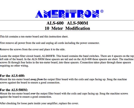 Ameritron ALS-600 ALS-500 10 m mod Picture