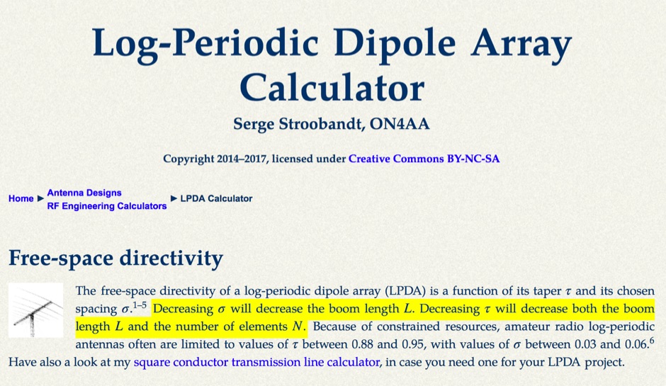 DXZone Log-Periodic Dipole Array Calculator