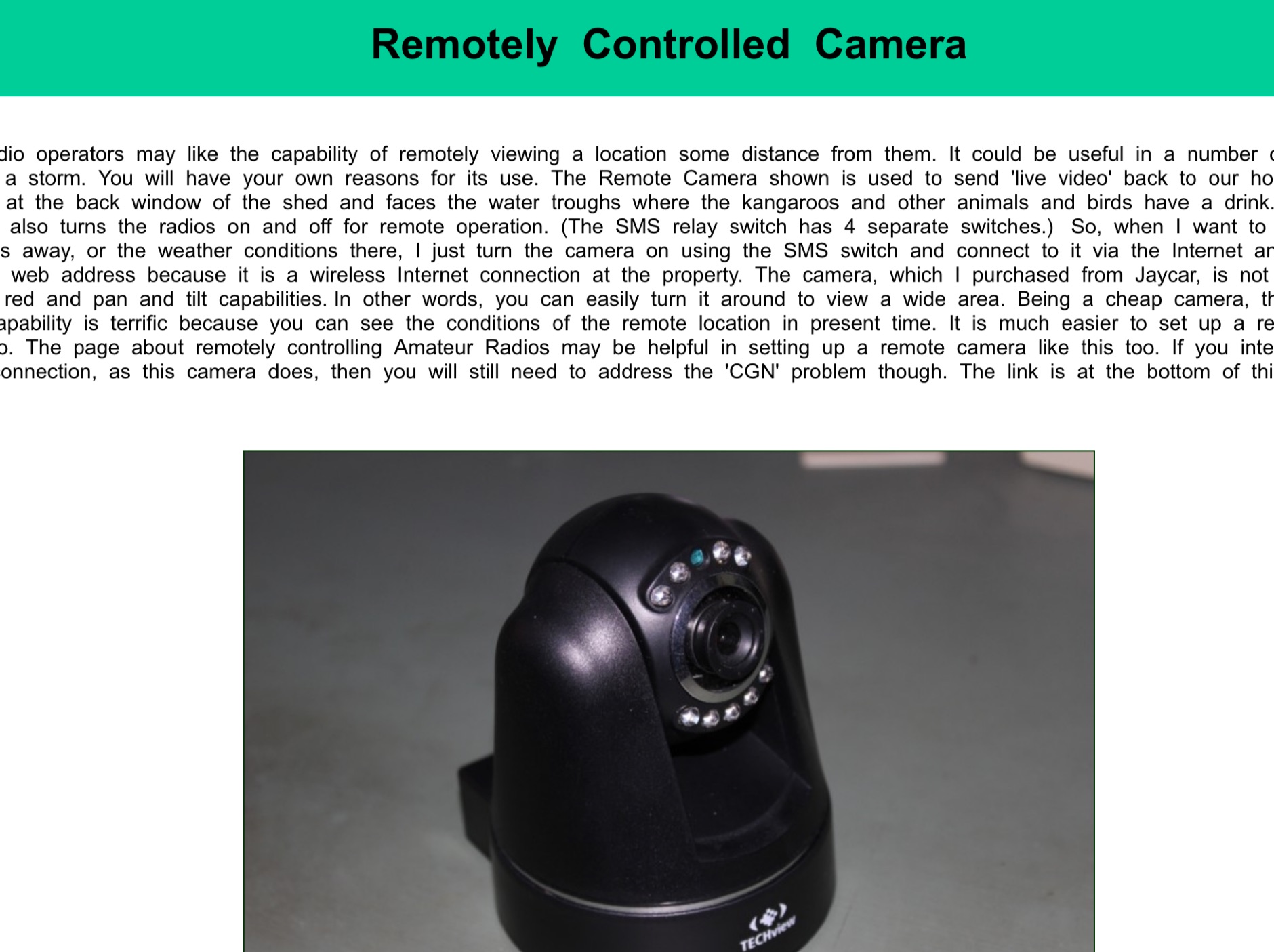 Remotely Controlled Camera by VK5SW Picture
