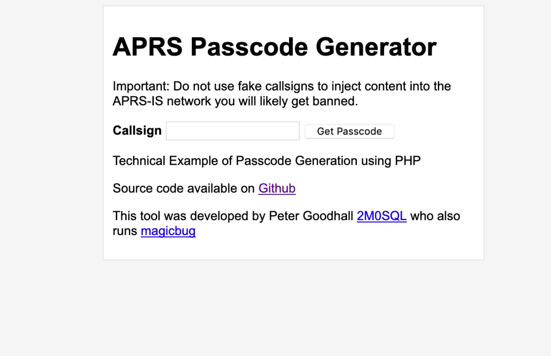 APRS Online Passcode Generator