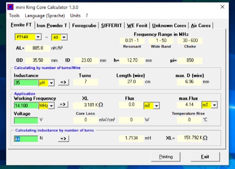DXZone mini Ring-Core-Calculator - Calculate windings on ferrite cores