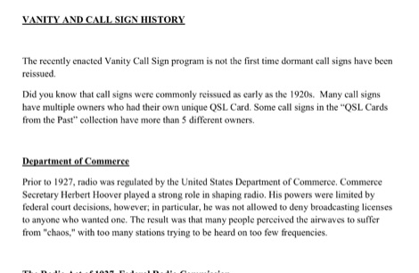 Vanity Call Sign History