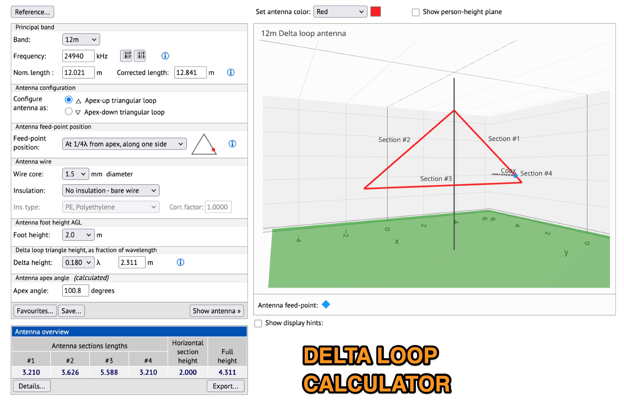 Delta Loop Antenna Designer: Amateur HF Band Vertical-Plane Antenna Picture