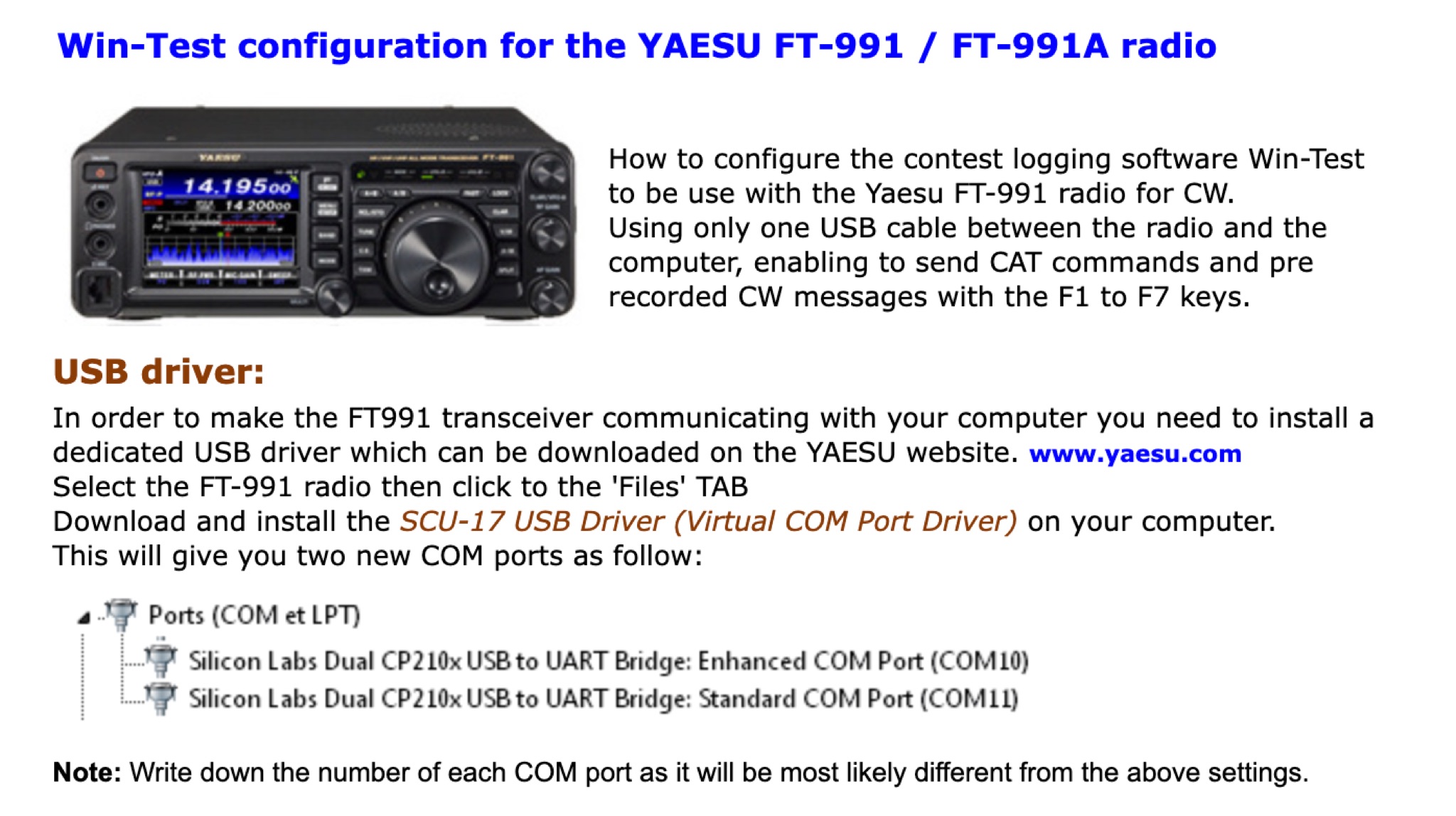 Yaesu FT-991 Transceiver Win-Test Configuration setup Picture
