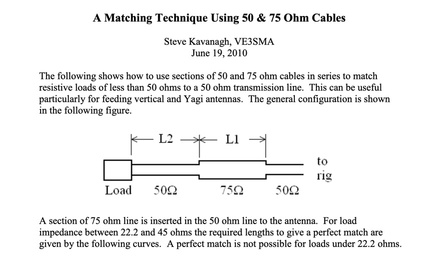 Matching Technique Using 50 and 75 Ohm Cables for Resistive Loads