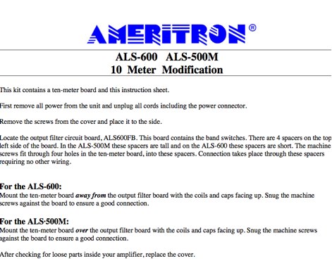 Ameritron ALS-600 ALS-500 10 m mod