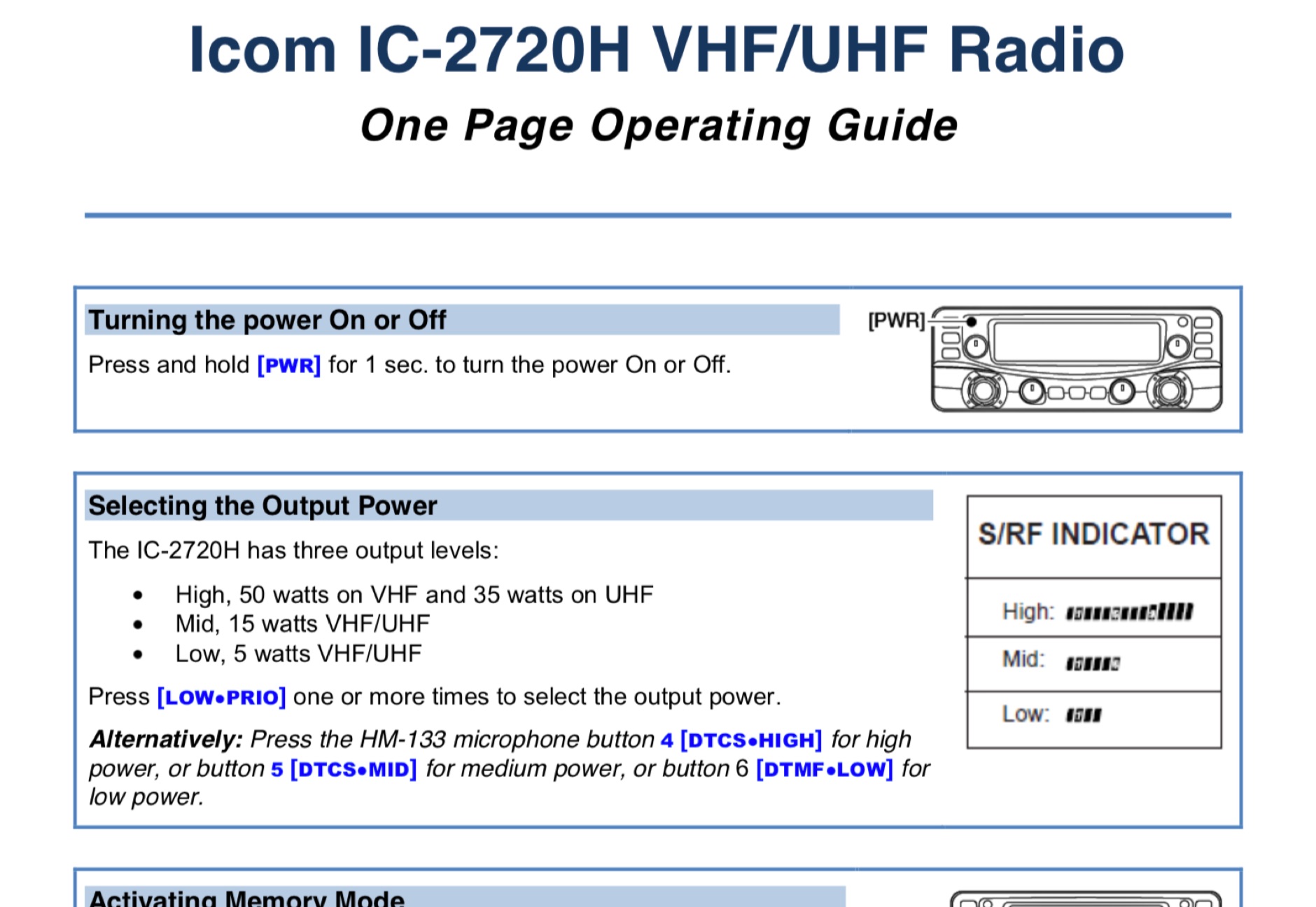 Icom IC-2720H One Page Operating Guide