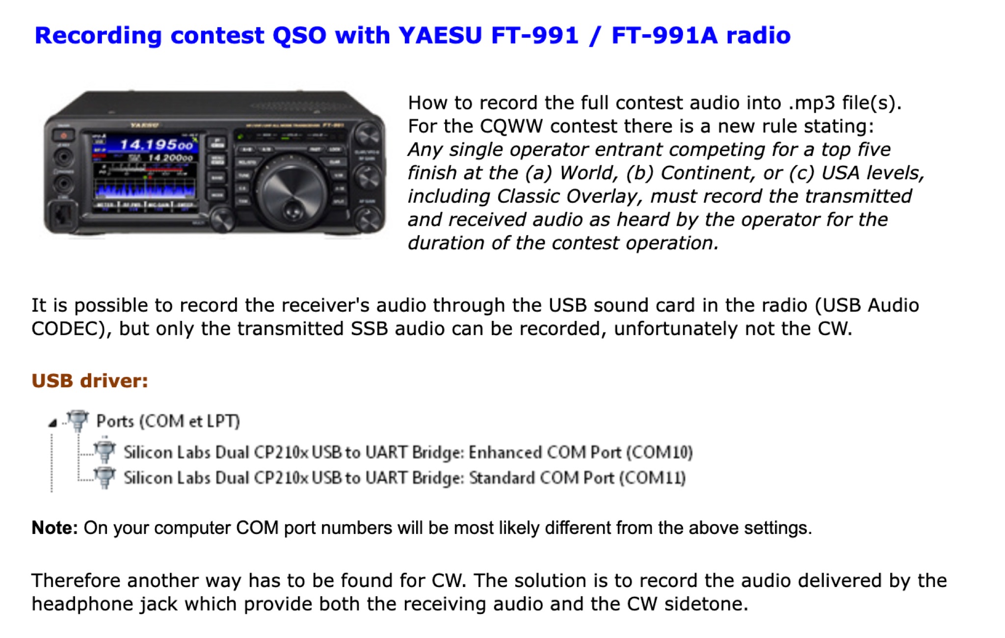 YAESU FT-991 Recording contest QSO