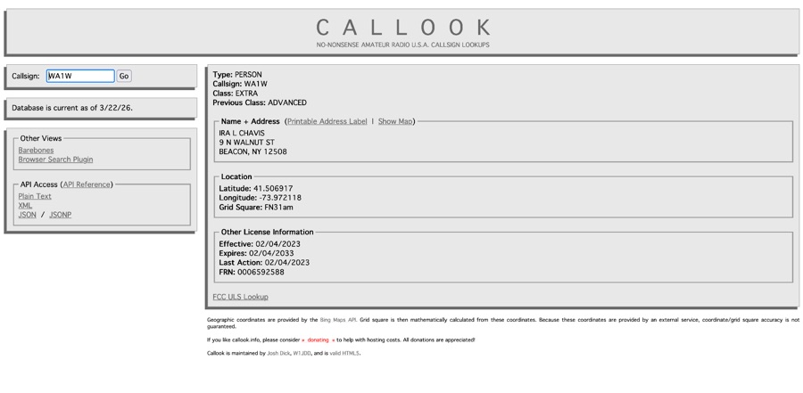 Callook: USA Amateur Radio Callsign Lookup